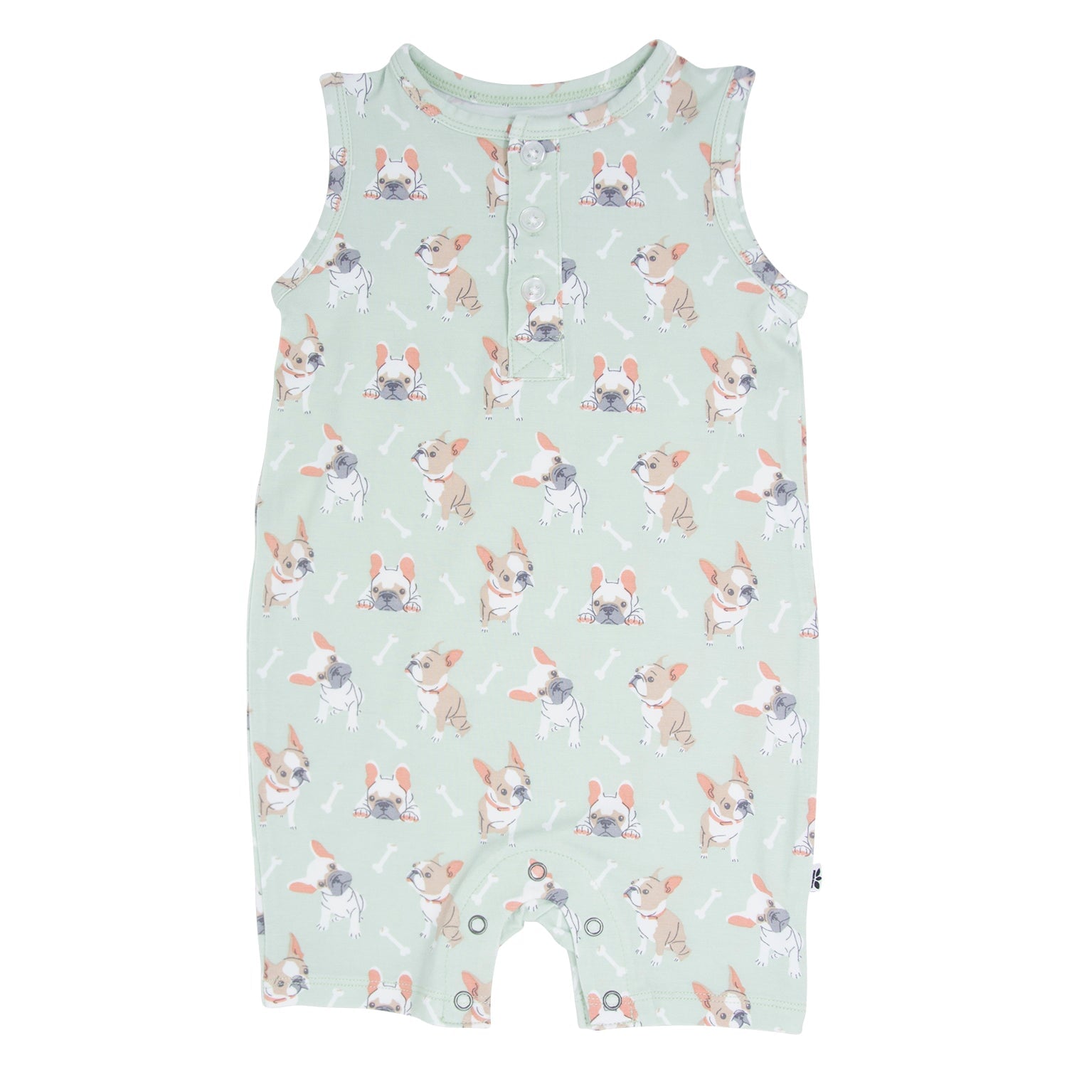 Mint dog-print tank romper for puppy, sleeveless jumpsuit with snap crotch
