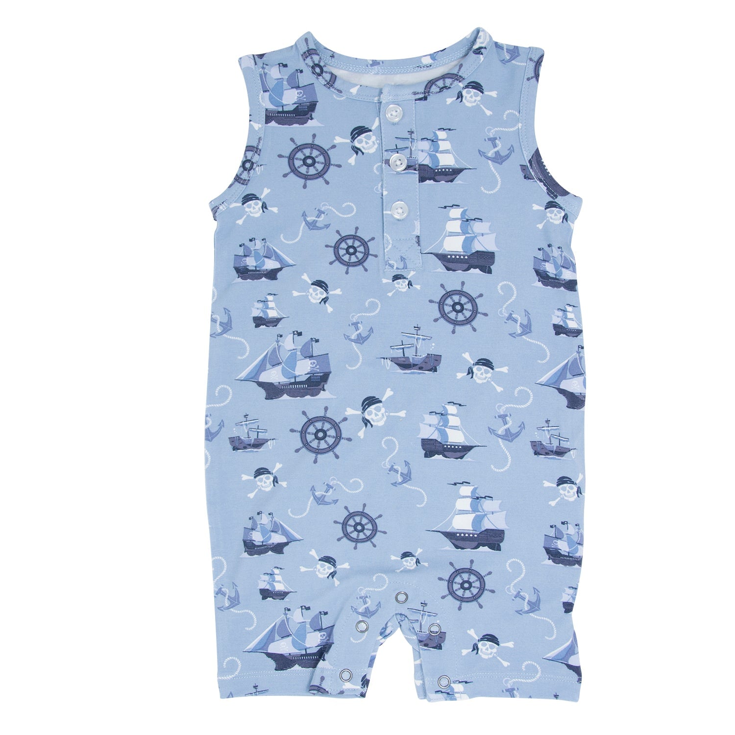 Light blue pirate ship tank romper with sleeveless cut and button-front bodice