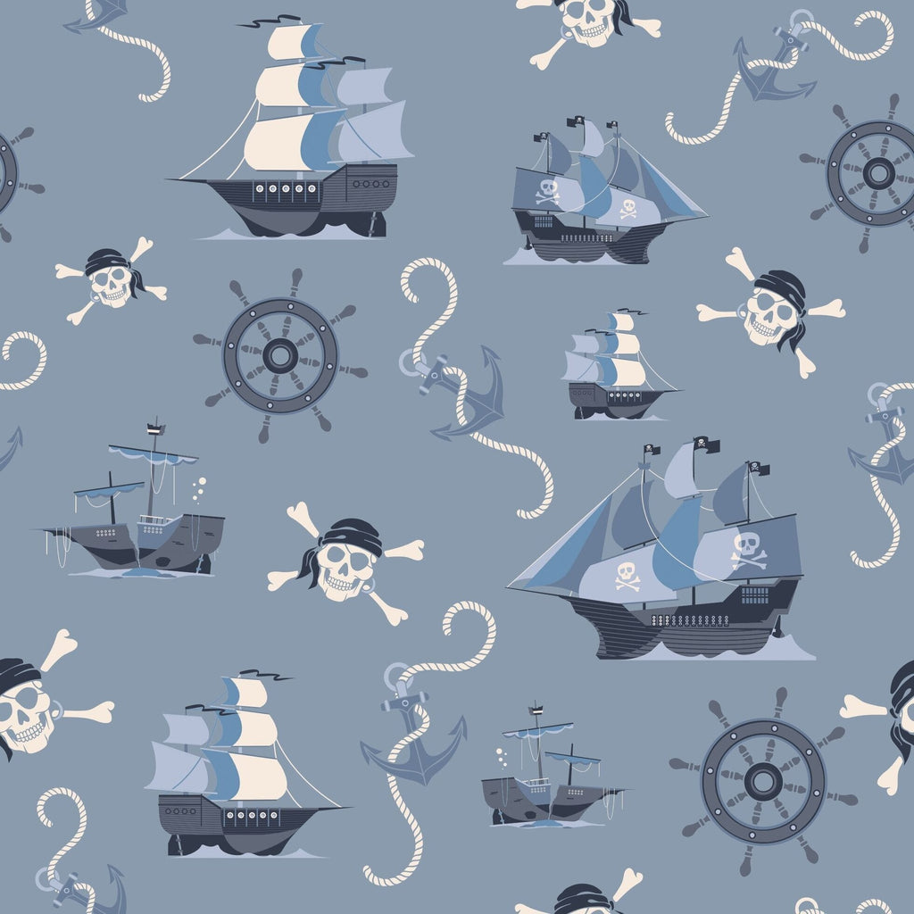 Light blue pirate ship tank romper fabric with ships, skulls, and anchor pattern