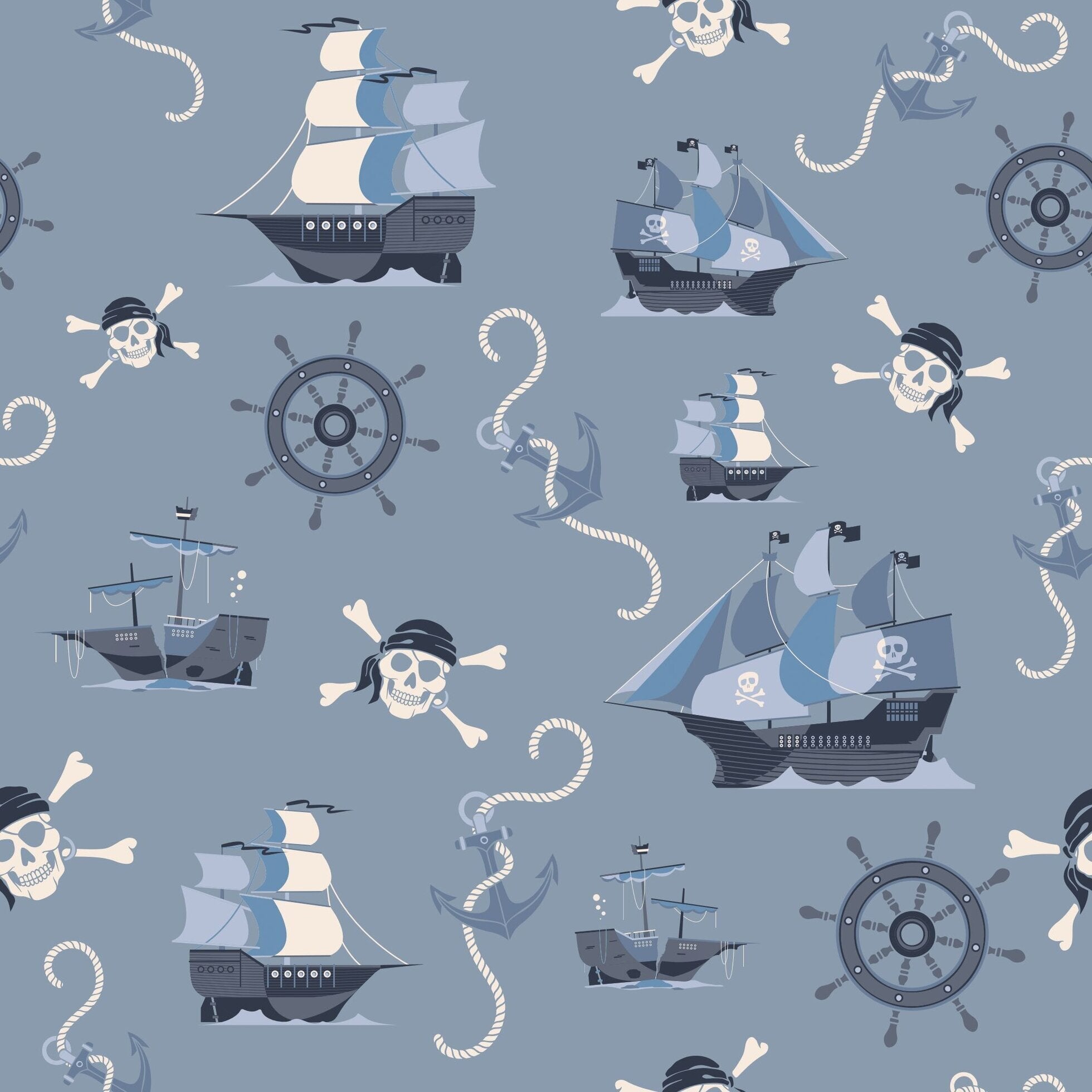 Light blue pirate ship tank romper fabric with ships, skulls, and anchor pattern
