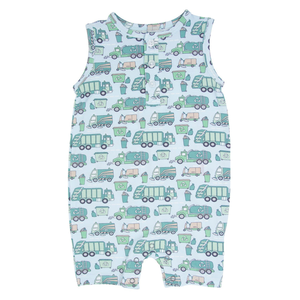 Sleeveless romper, flat lay, white base with green/blue vehicle print