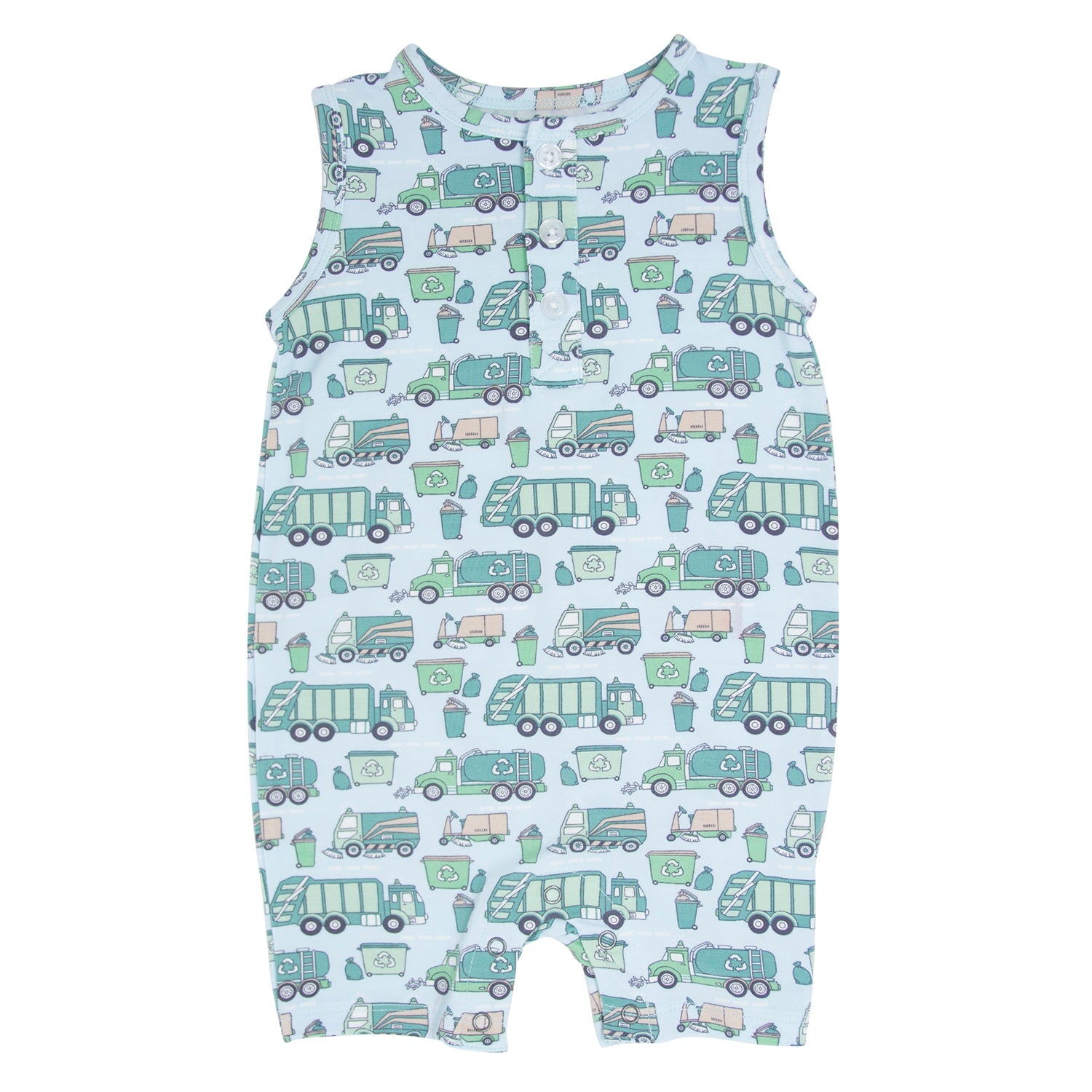 Sleeveless romper, flat lay, white base with green/blue vehicle print