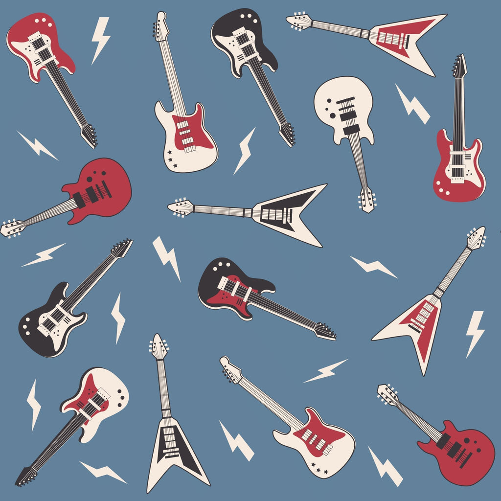 Rock guitar print fabric swatch with lightning bolts in blue, red, and white