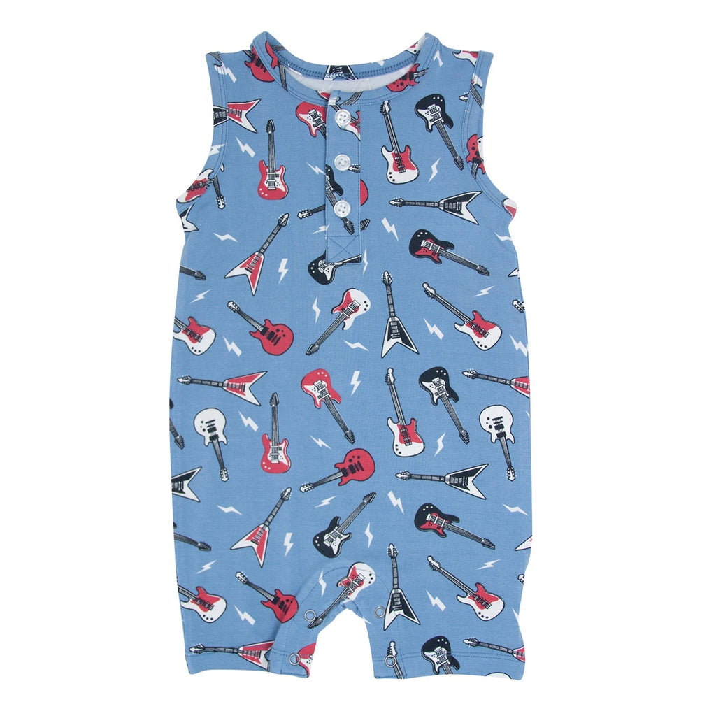 Blue tank romper with all-over rock guitar print and front button placket