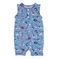 Blue tank romper with all-over rock guitar print and front button placket
