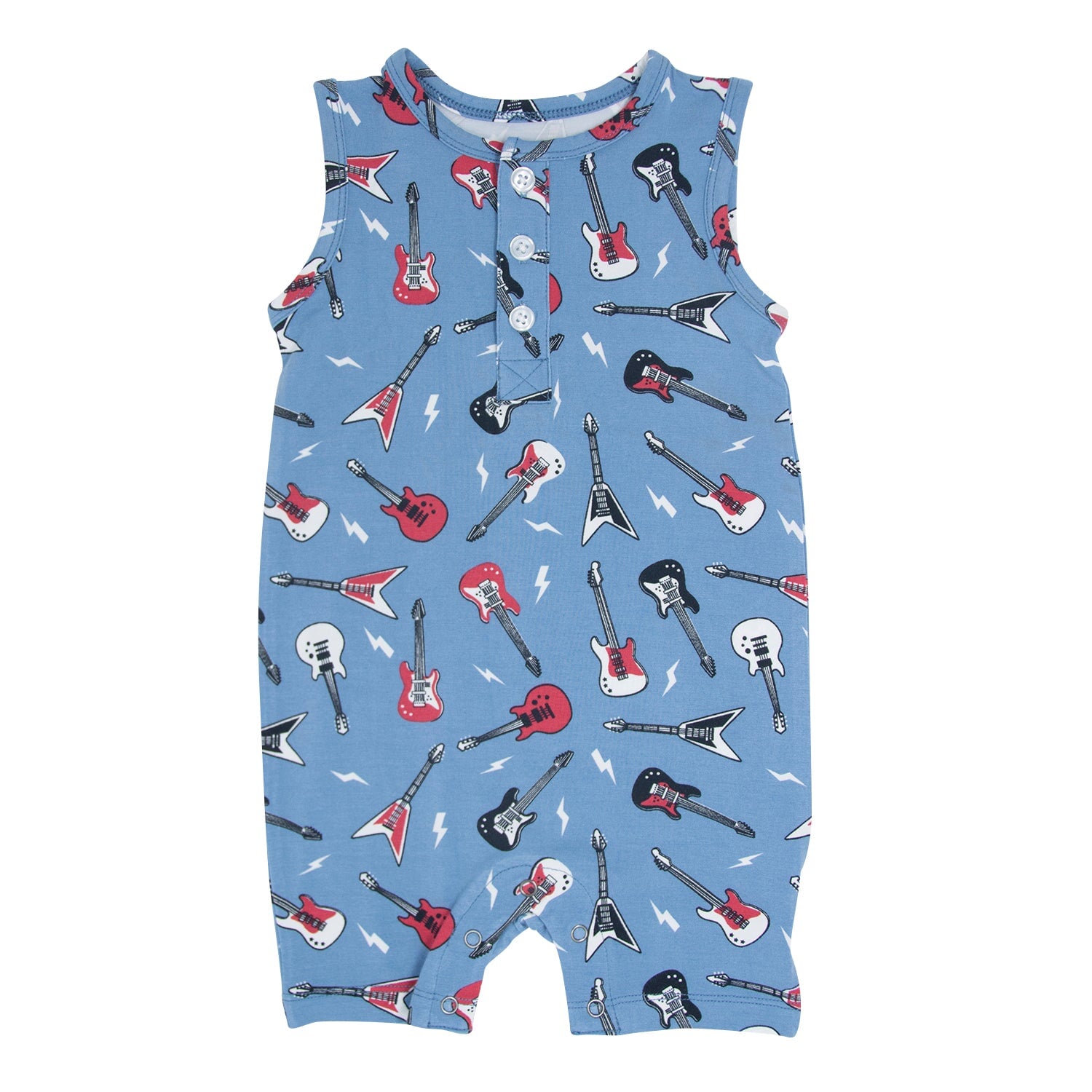 Blue tank romper with all-over rock guitar print and front button placket