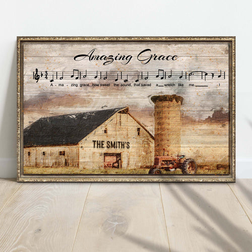 Framed wall art canvas sign with “Amazing Grace” script and barn scene