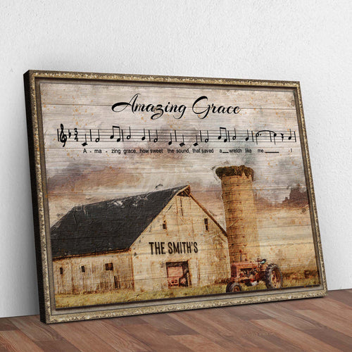 Framed wall art canvas sign with “Amazing Grace” and barn illustration, “THE SMITH'S”