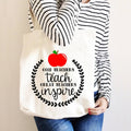 Cream canvas tote bag with apple logo and 'teach great teachers inspire' text
