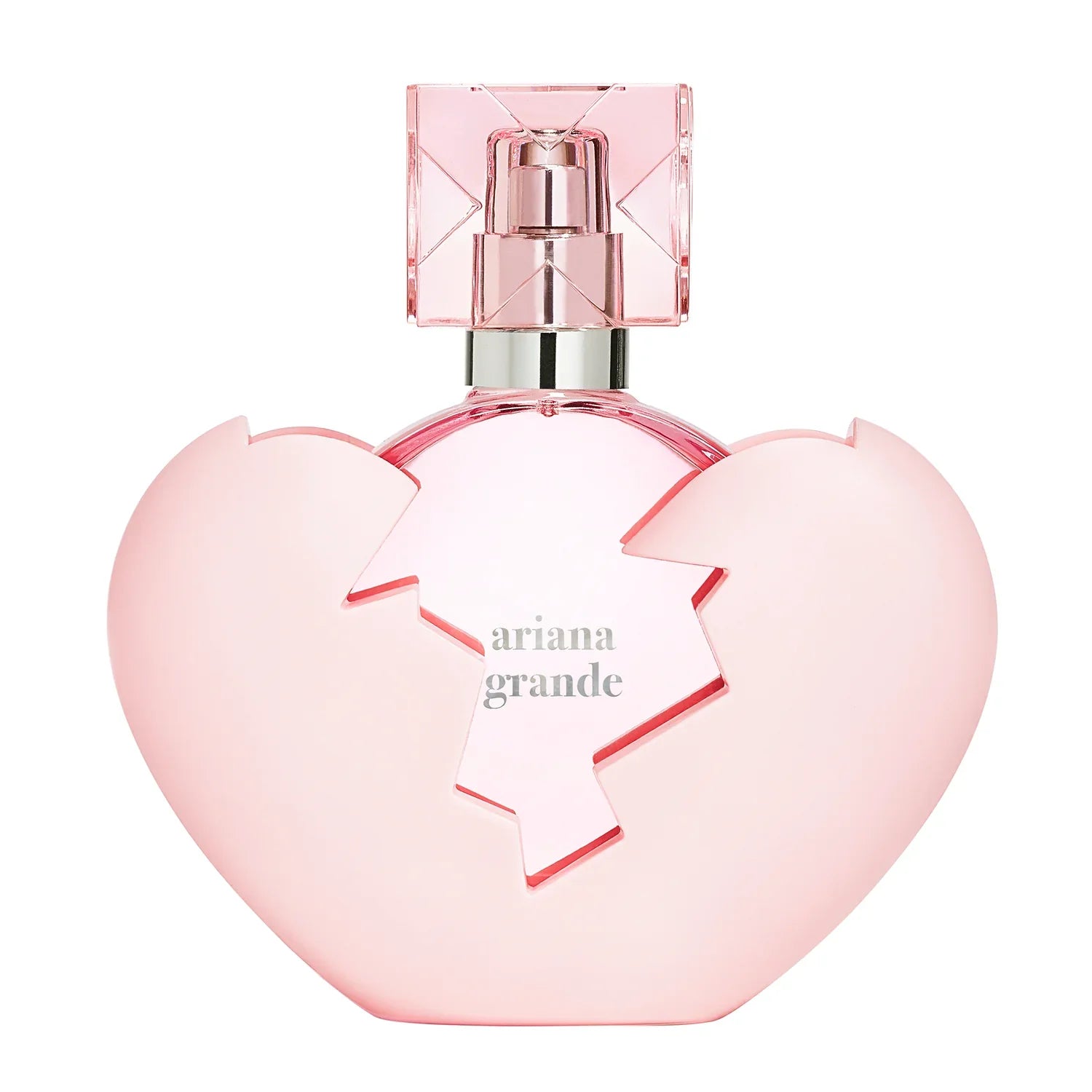 Ariana Grande Thank U Next perfume bottle, pink heart-shaped glass with metal cap