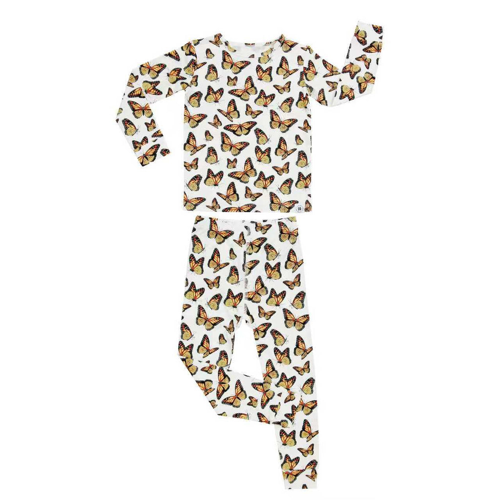 Kids pajama set, white long-sleeve with all-over butterfly print and matching pants