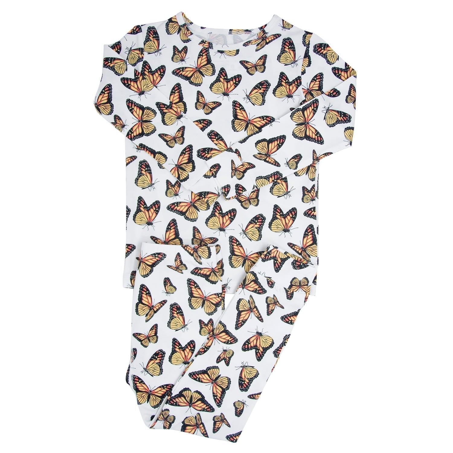 Kids pajama top, white crew-neck shirt with orange and black butterfly print