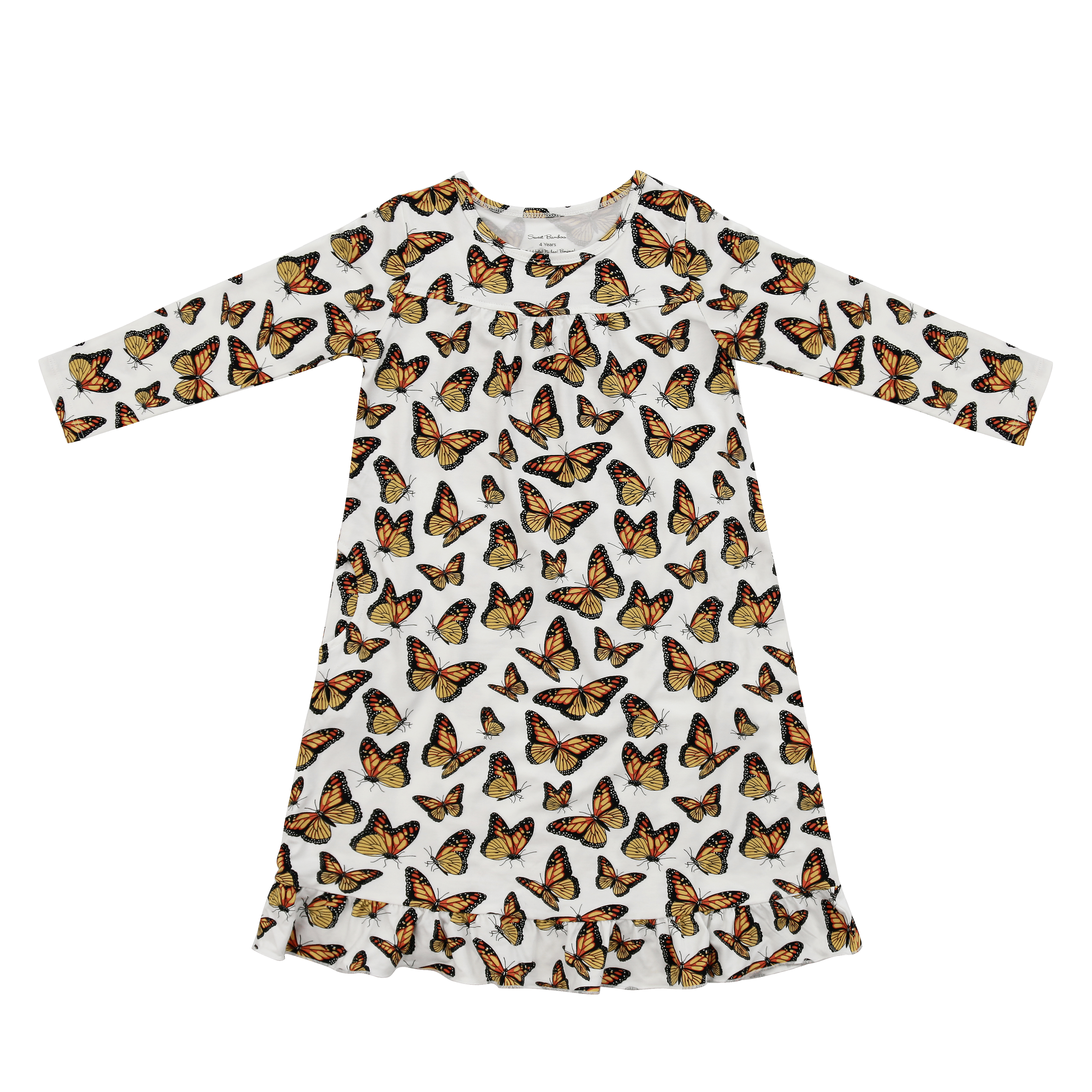 Long-sleeve butterfly print dress with white background, round neck, ruffle hem