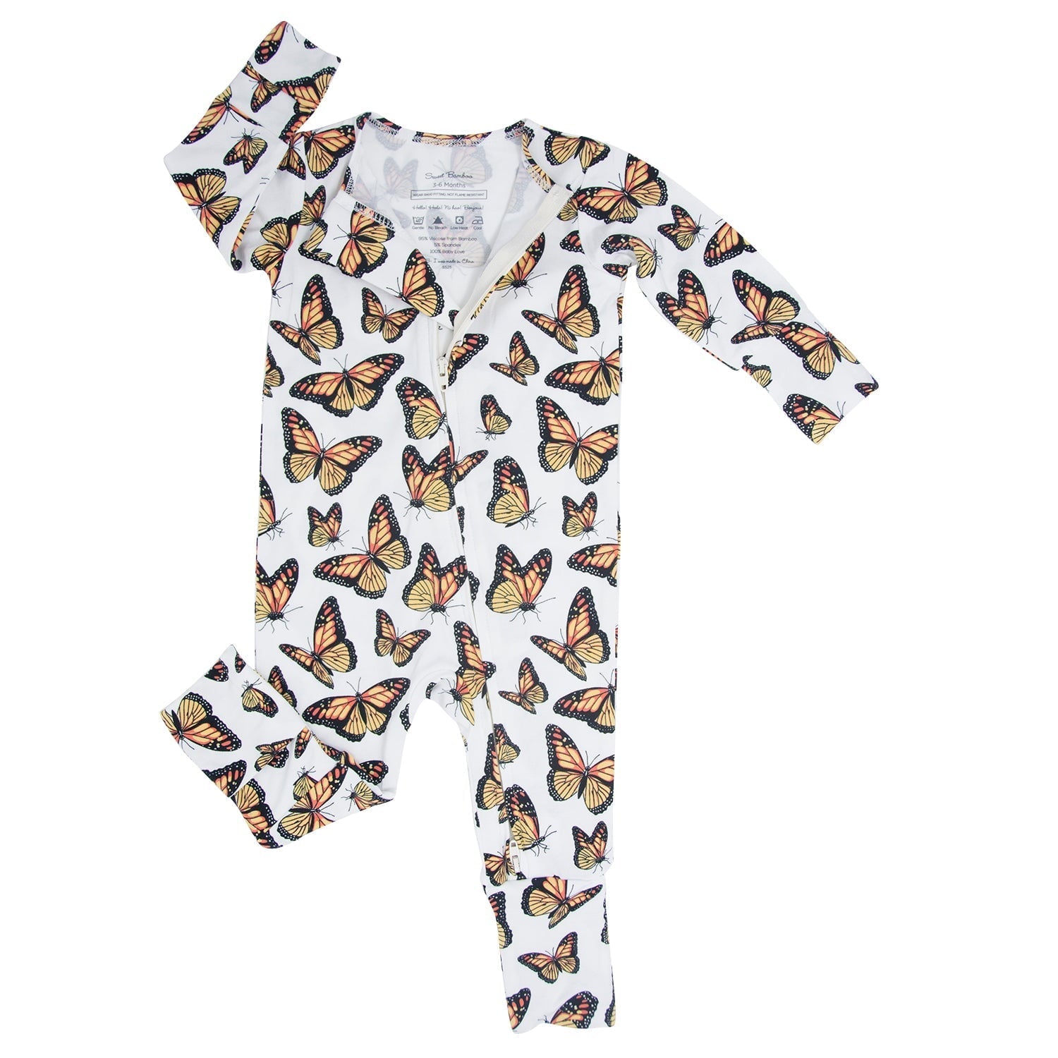 Butterfly-print long-sleeve romper in white with open V neckline and snap legs