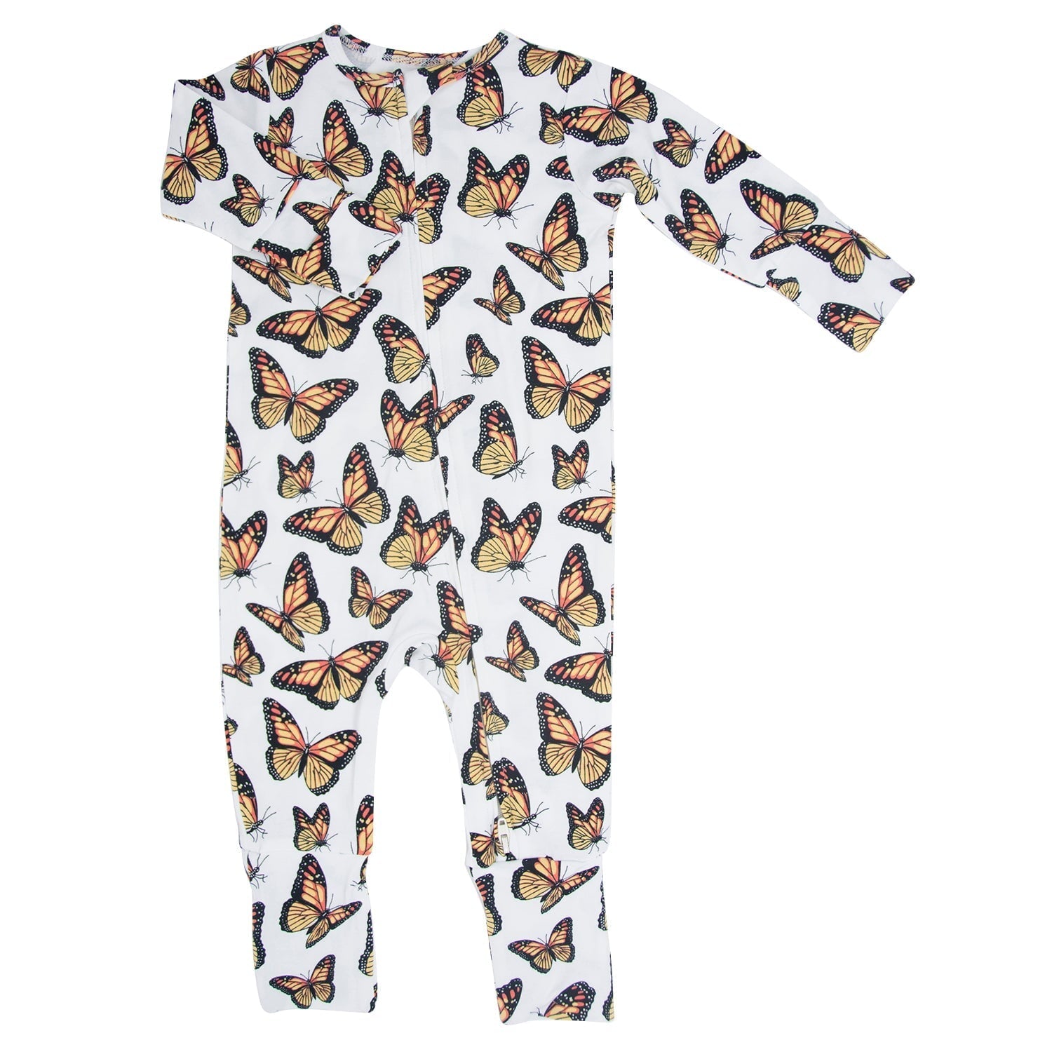 Butterfly-print long-sleeve footed romper in white with orange-and-black butterflies