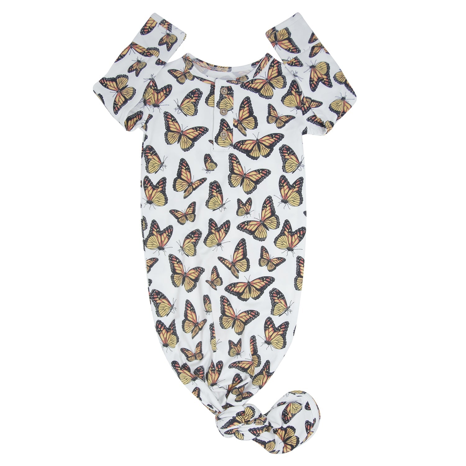 Girl butterfly-print knotted gown, white with orange and brown butterflies, short sleeves