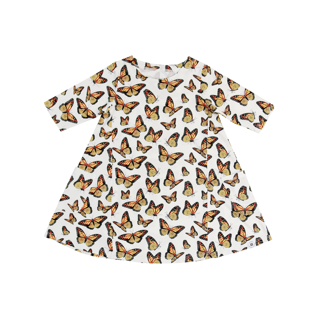 Girls butterfly print tunic, round neckline, short sleeves, flared hem