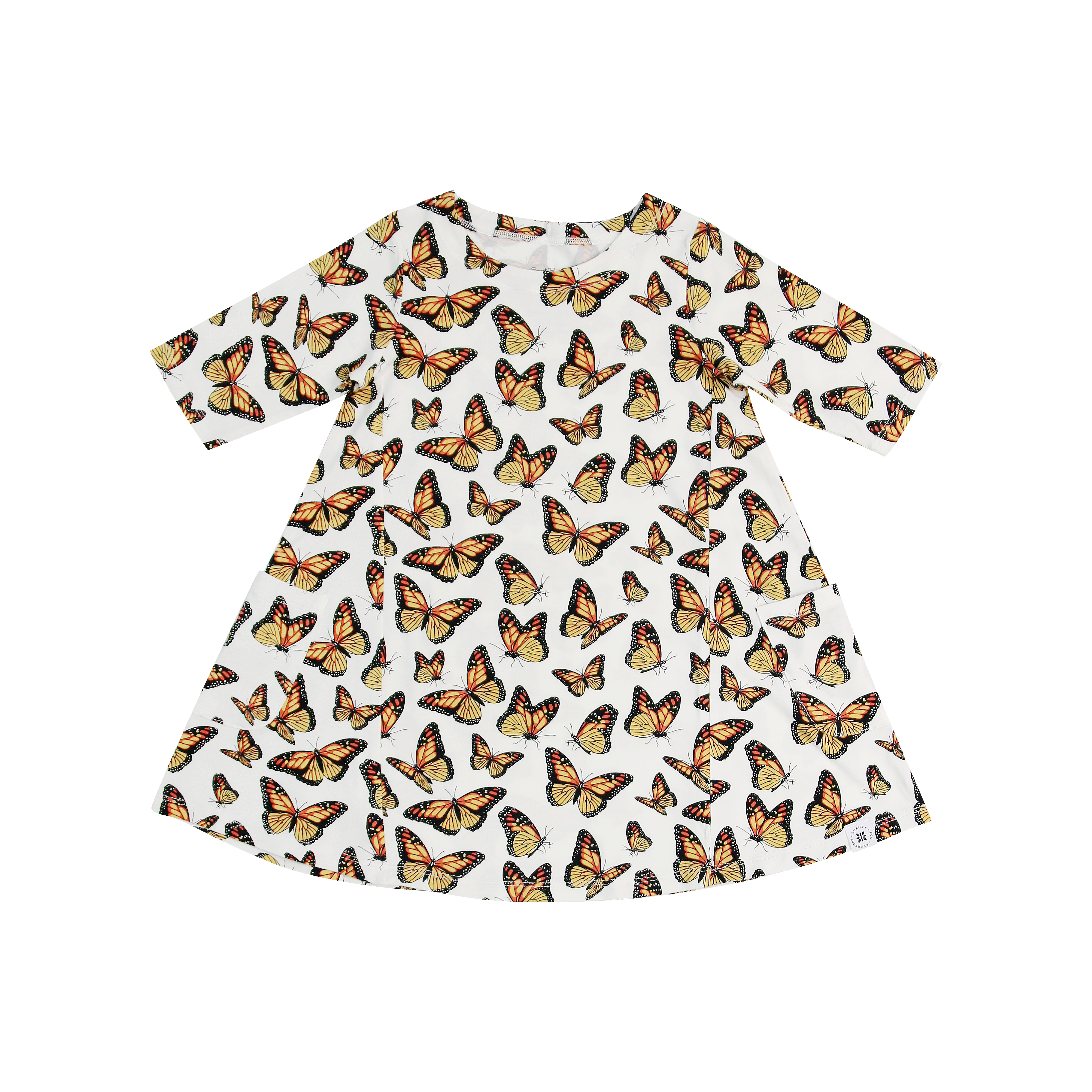 Girls butterfly print tunic, round neckline, short sleeves, flared hem