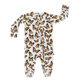 Ruffle footie pajama with long sleeves, allover butterfly print, snap front, footed legs