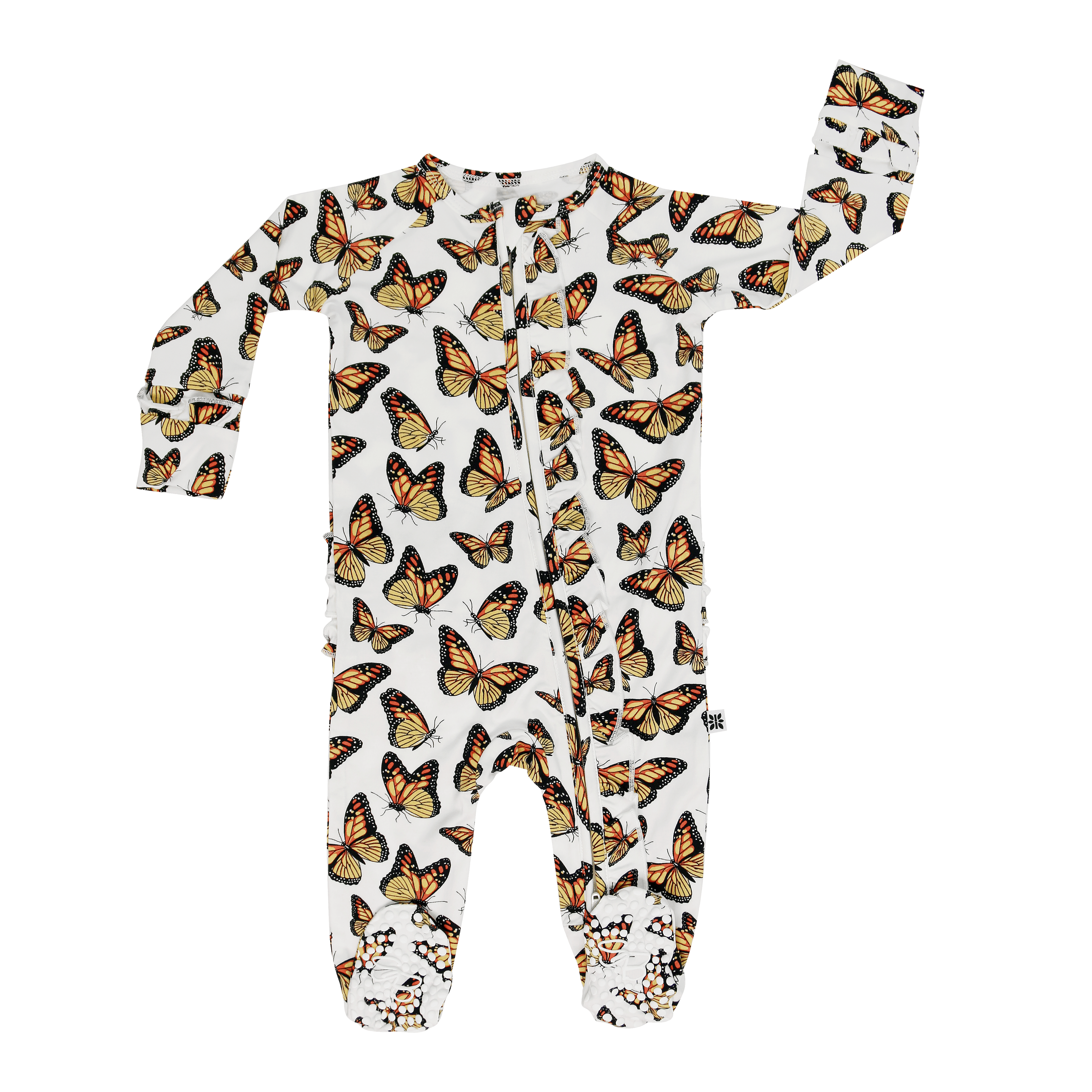 Ruffle footie pajama with long sleeves, allover butterfly print, snap front, footed legs