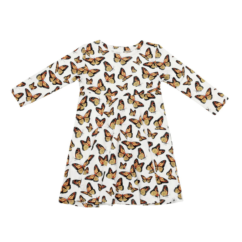 Girls' long-sleeve dress with butterfly print, gathered skirt, white background