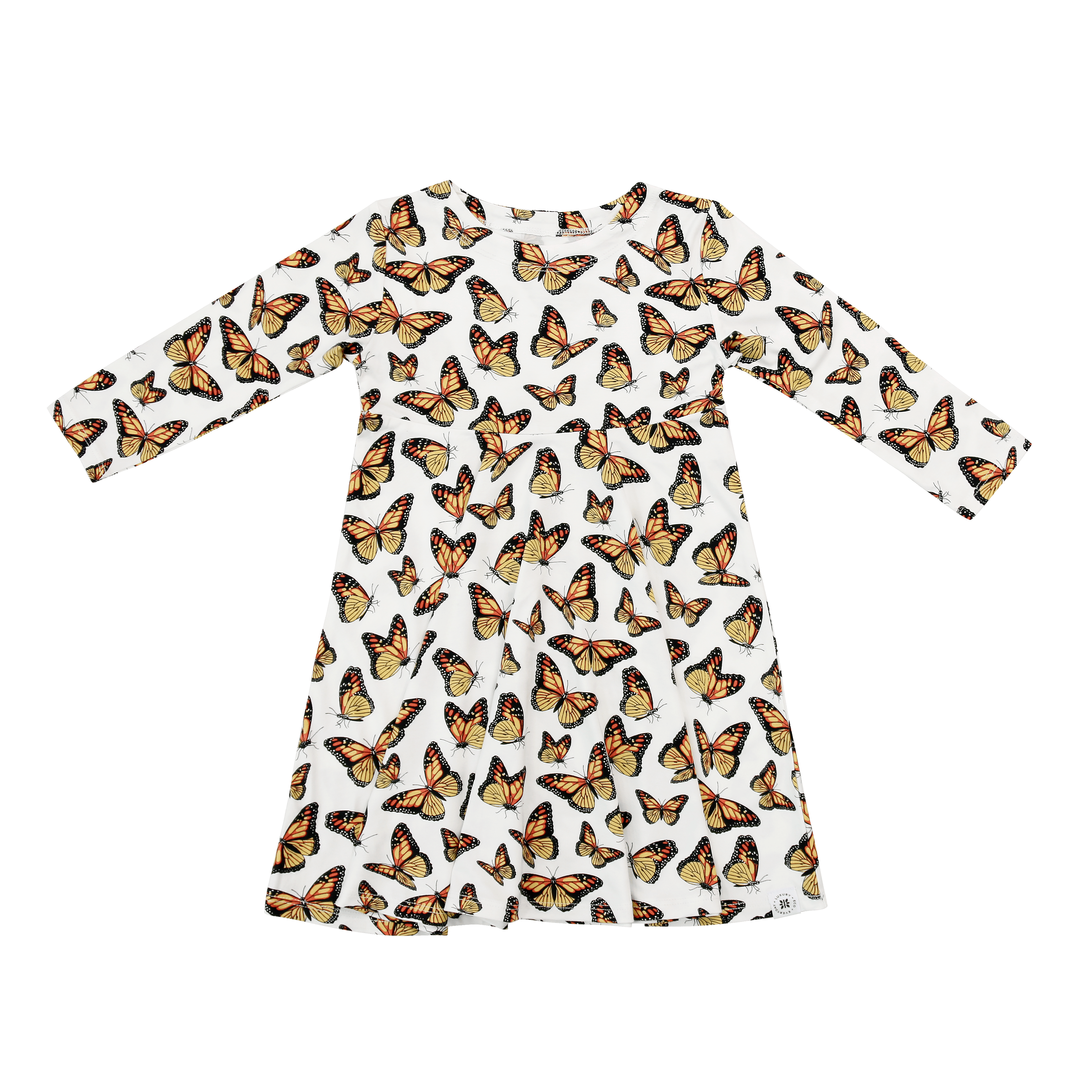Girls' long-sleeve dress with butterfly print, gathered skirt, white background