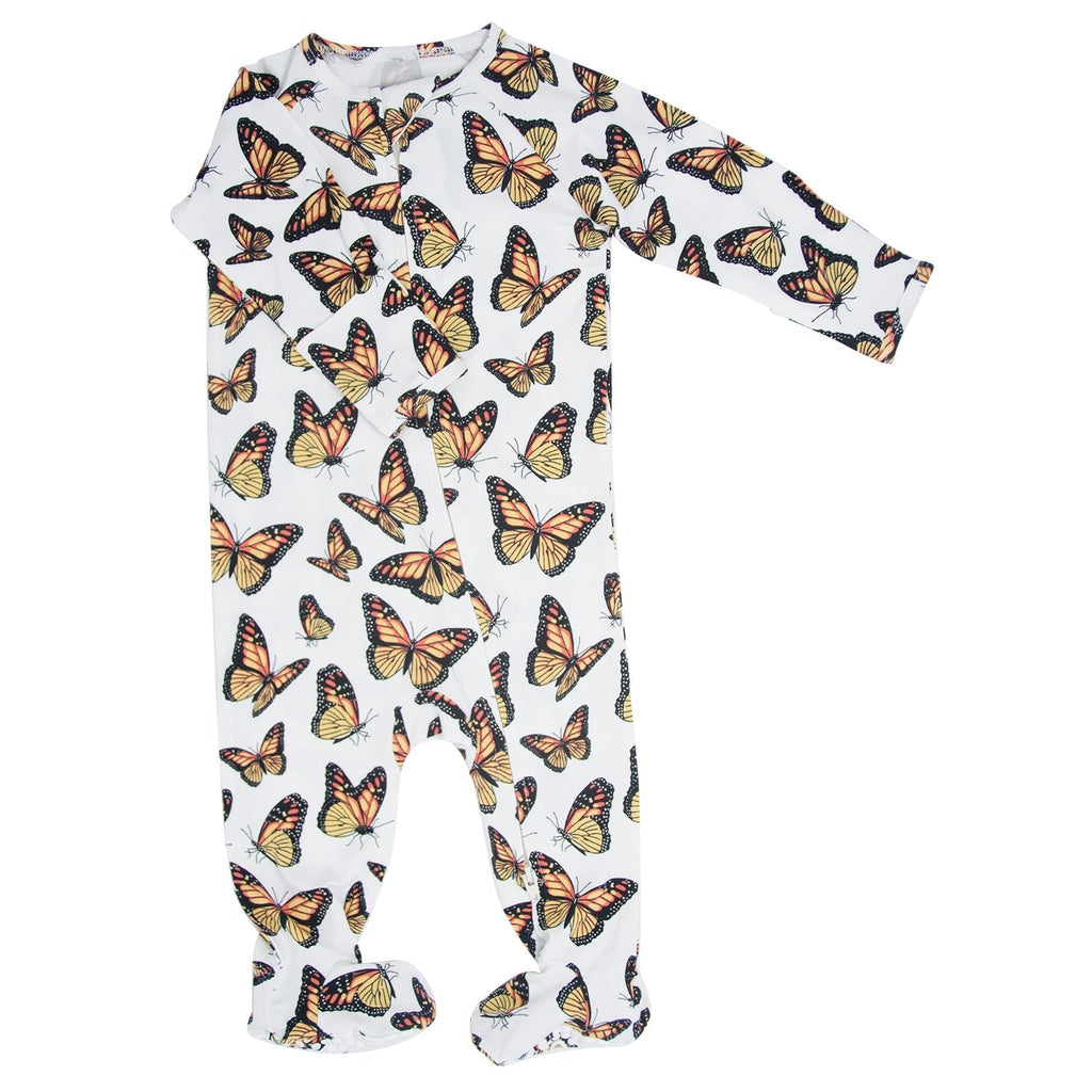 Butterfly-print baby zipper footie with long sleeves and footed legs, front zipper