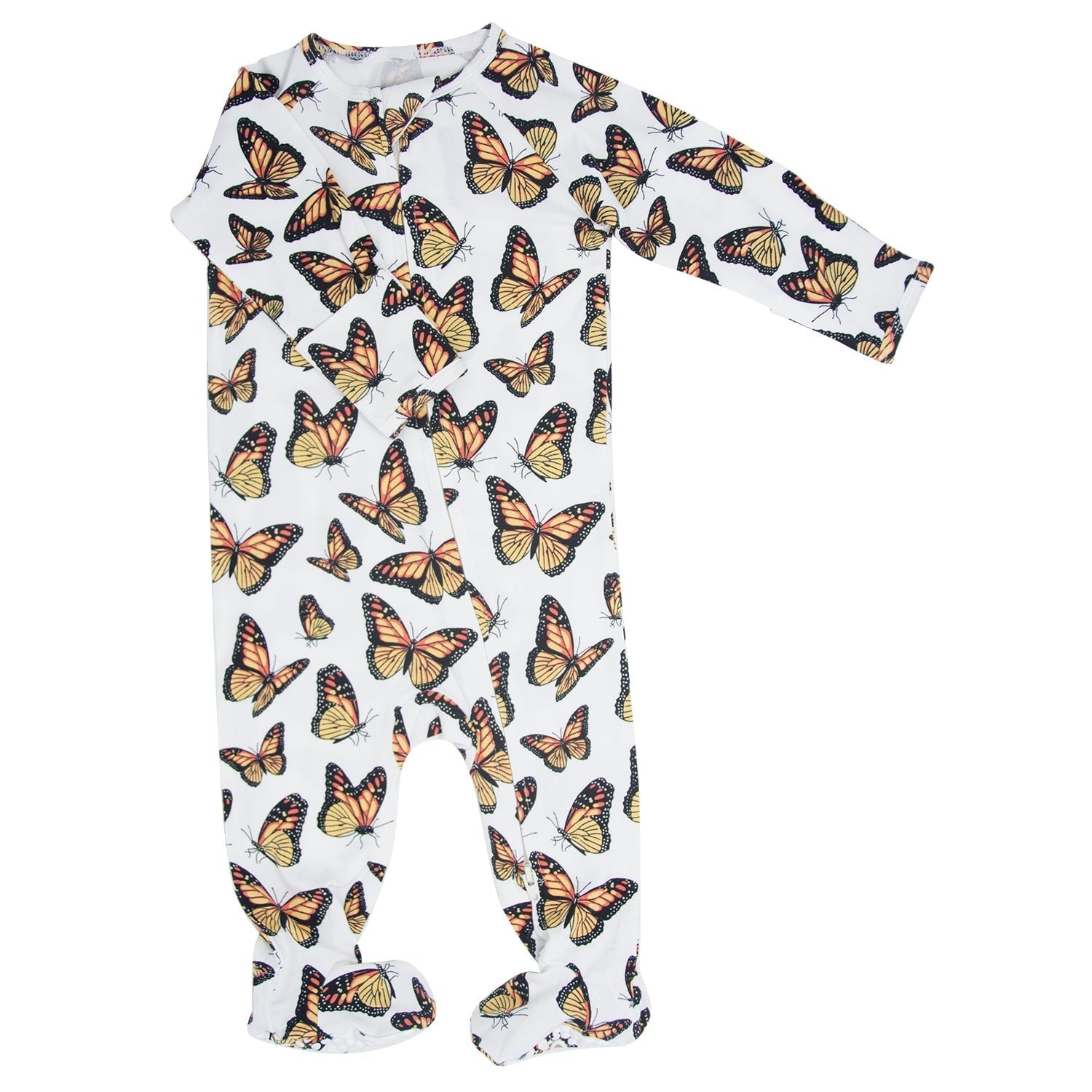 Butterfly-print baby zipper footie with long sleeves and footed legs, front zipper