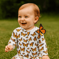 Baby zipper footie with butterfly print, long sleeves, front zipper opening