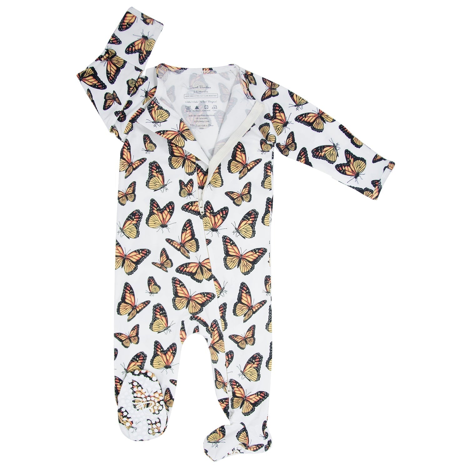 Butterfly-print baby zipper footie with long sleeves, footed legs, front zipper placket