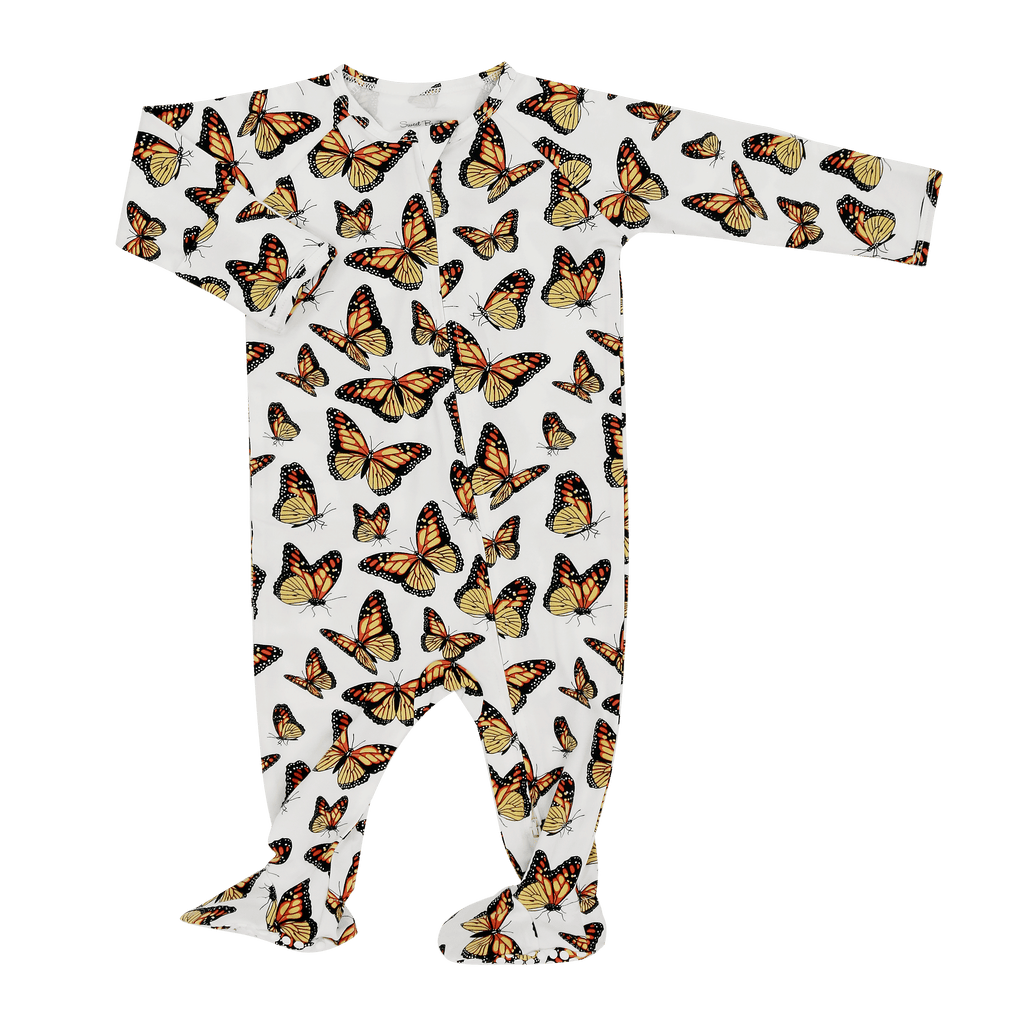 Butterfly-print baby zipper footie with long sleeves and footed legs, front zipper