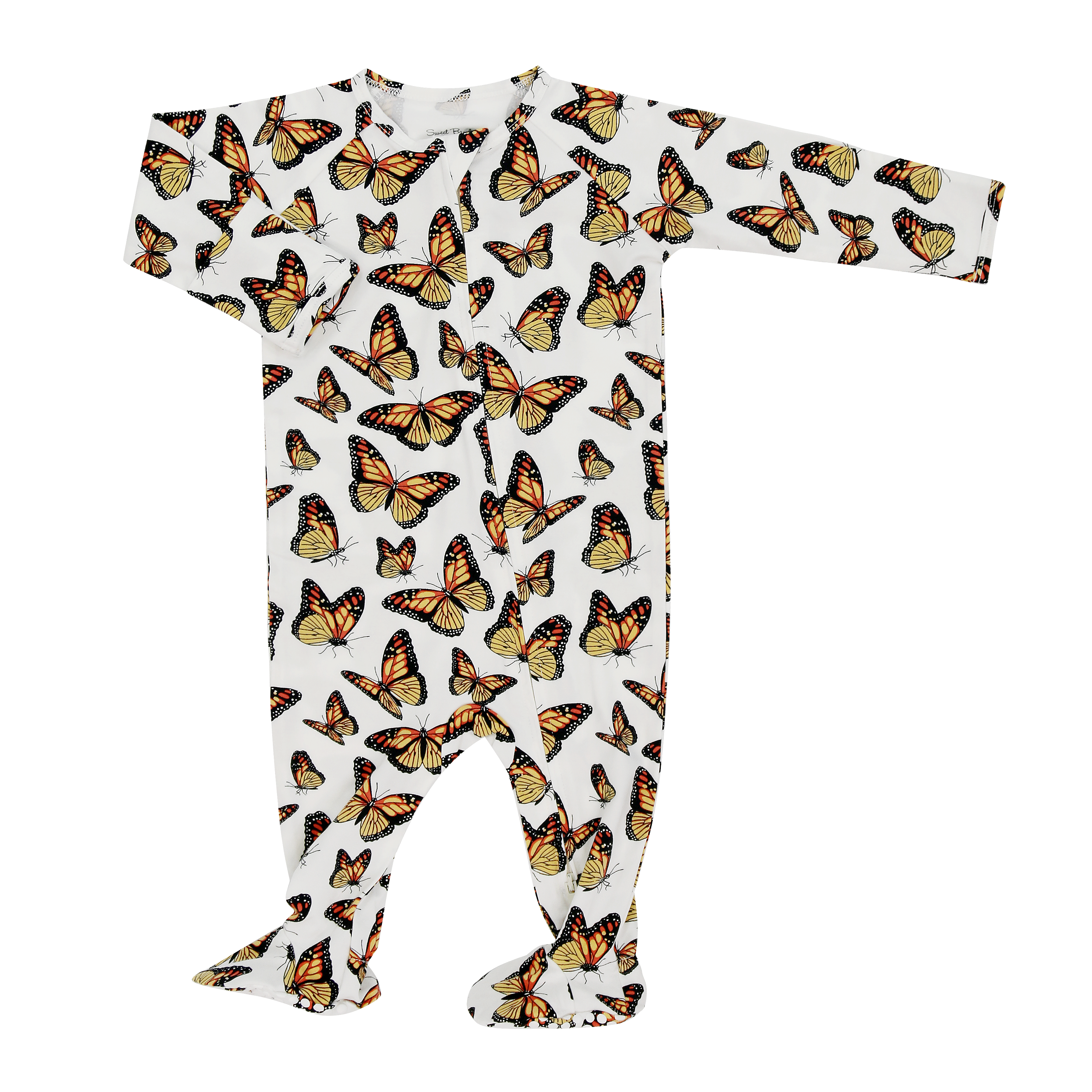 Butterfly-print baby zipper footie with long sleeves and footed legs, front zipper