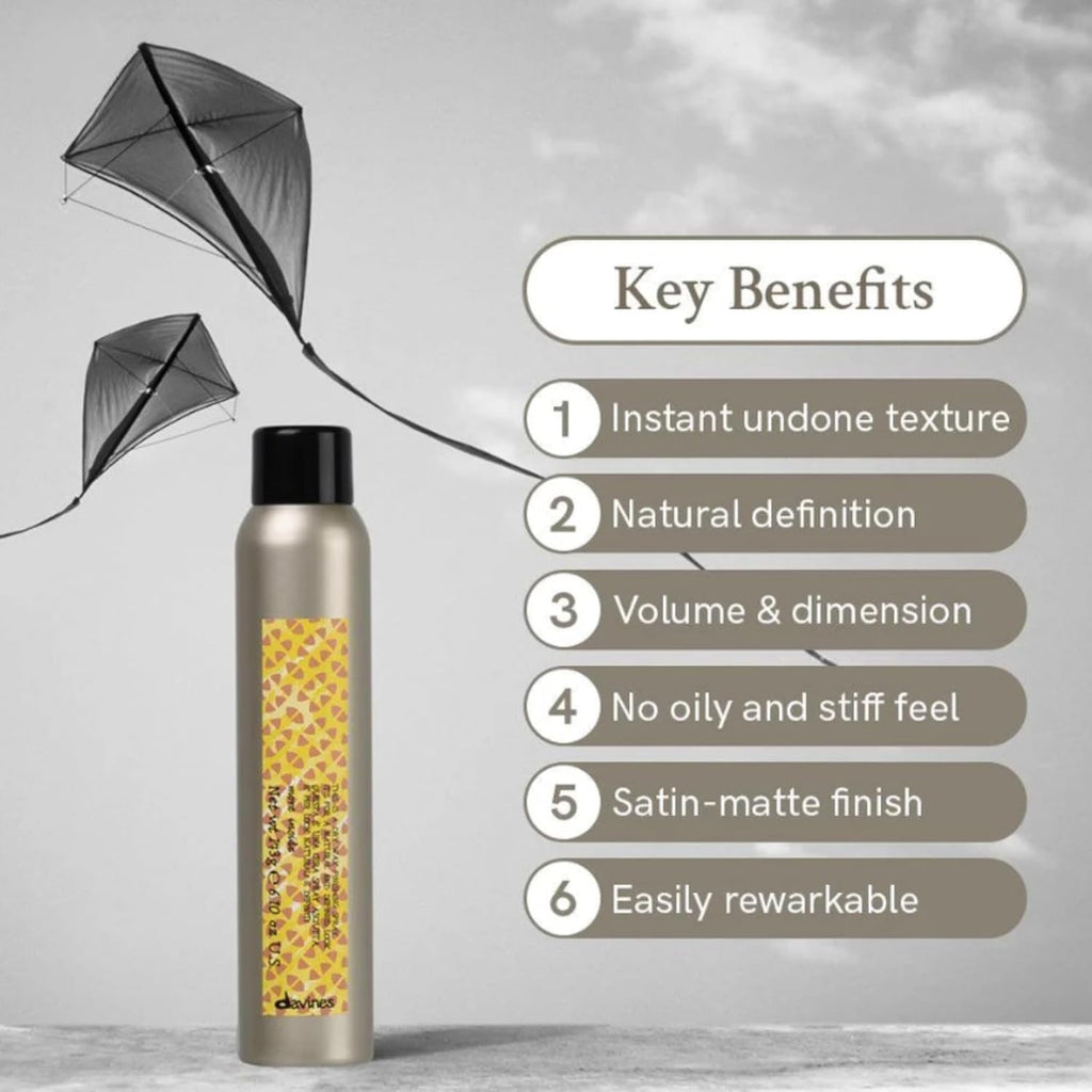 Dry wax finishing spray bottle with black cap and yellow label, key benefits callouts