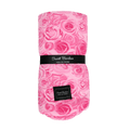 Kids cloud blanket, pink rose print with black brand patch and stitched edge