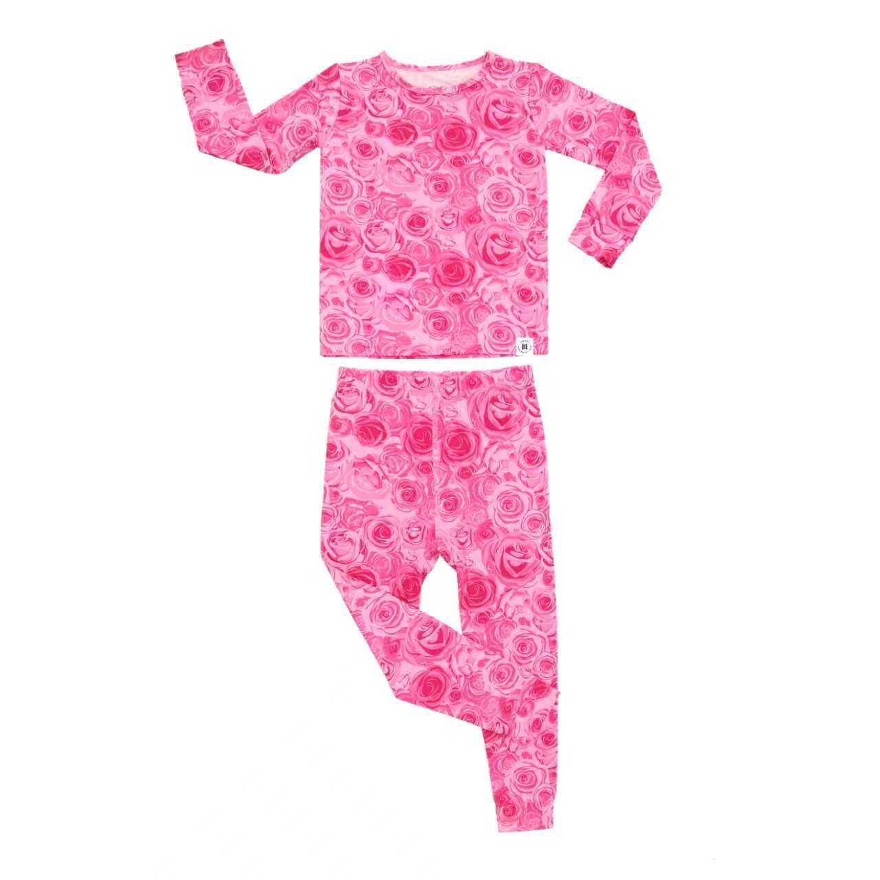 Kids pink rose-pattern pajama set, long-sleeve top and long pants