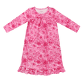 Girls boho dress, pink long-sleeve with rose print and round neckline, flared hem