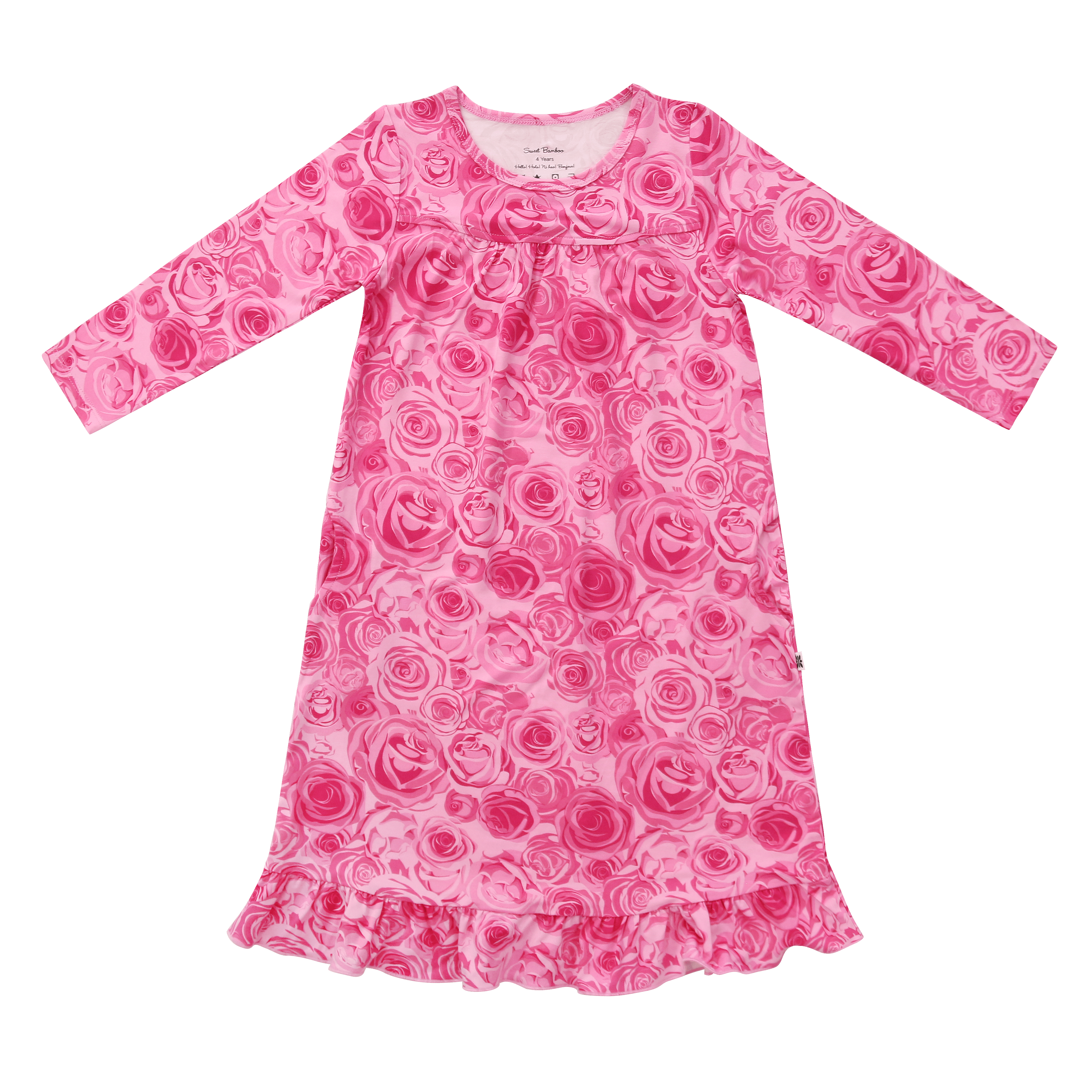 Girls boho dress, pink long-sleeve with rose print and round neckline, flared hem