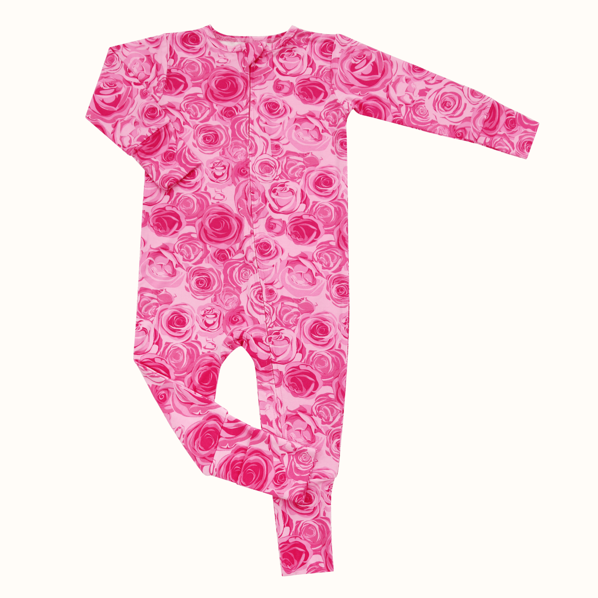 Girl's pink rose-print long-sleeve romper, flat lay, close centered
