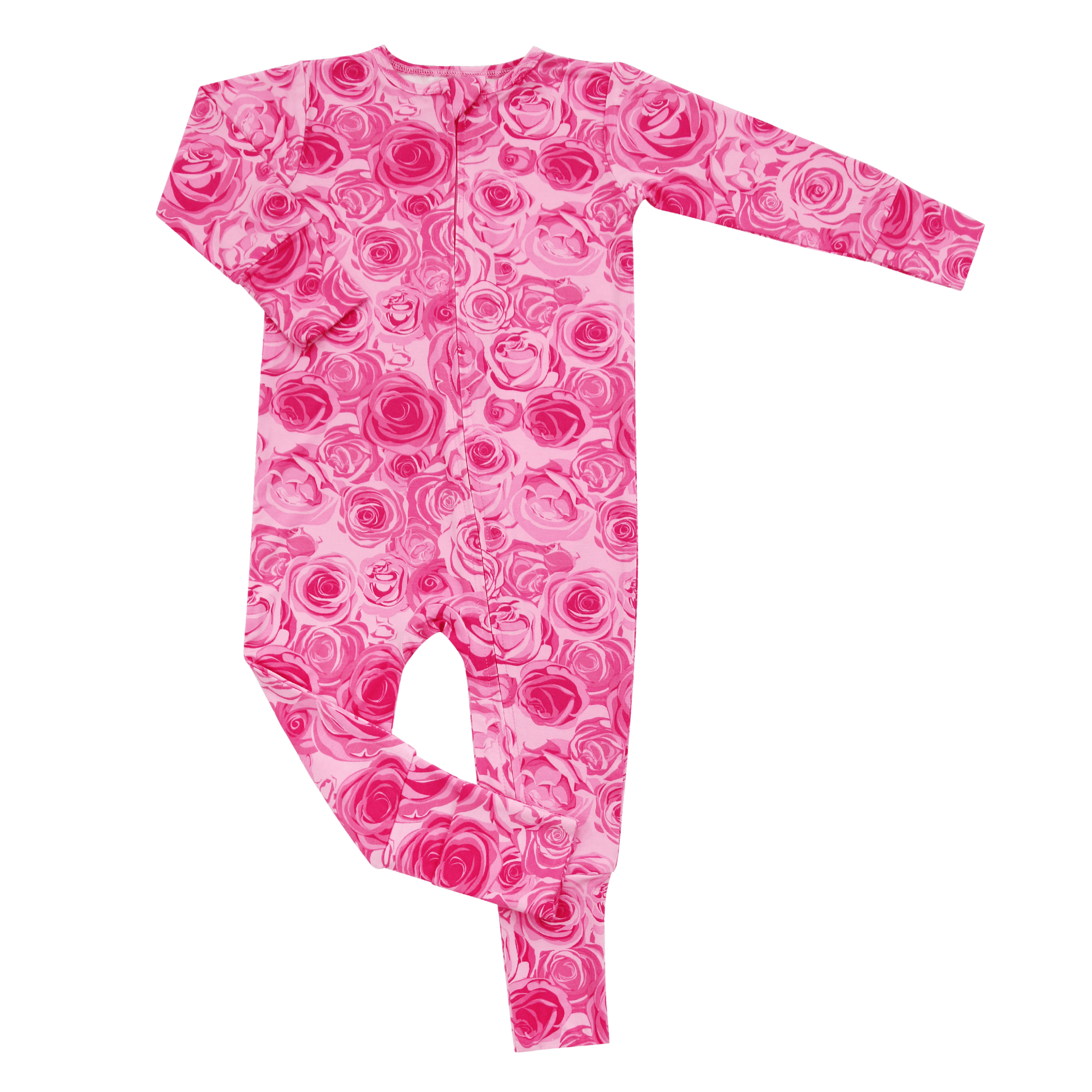Girl's pink rose-print long-sleeve romper, flat lay, centered