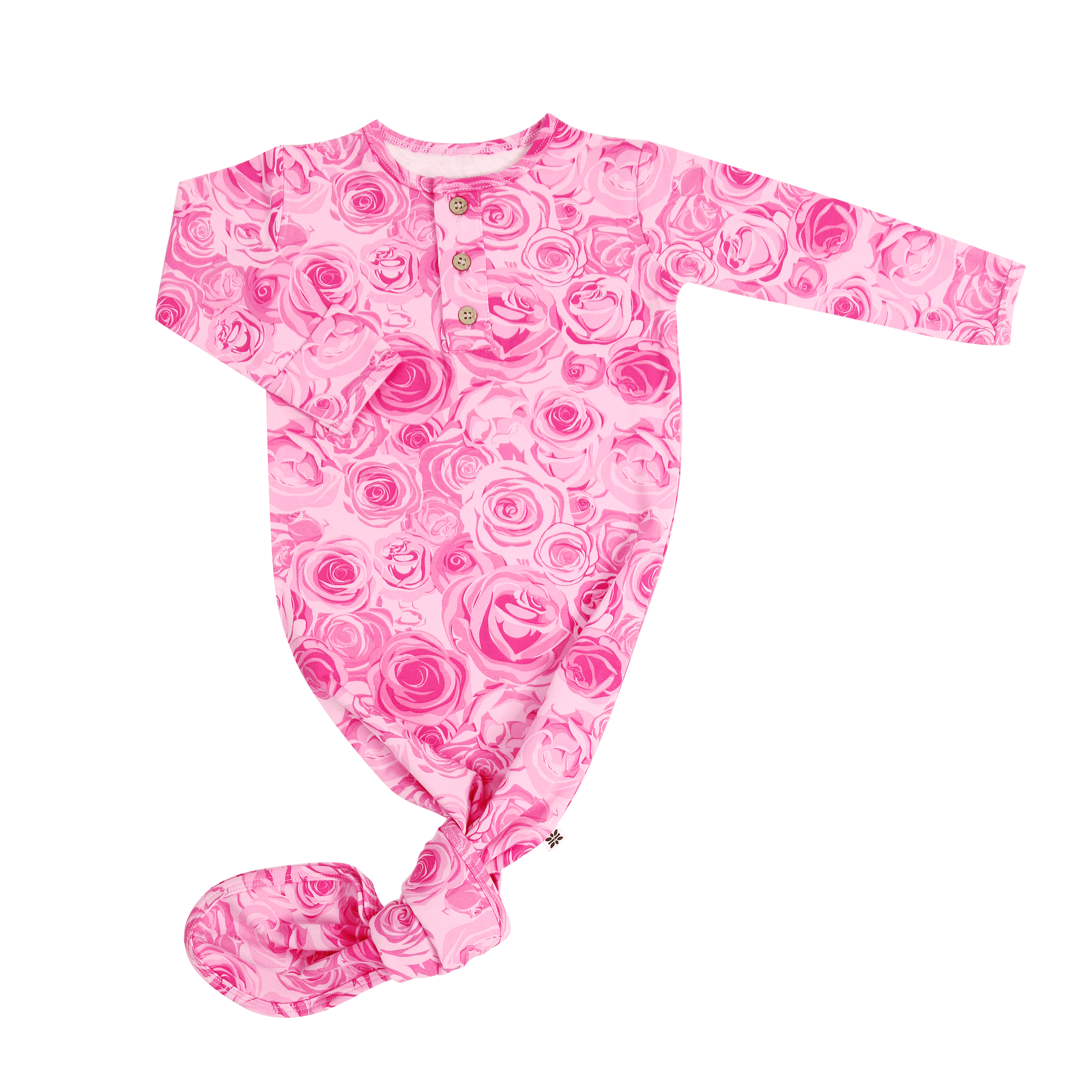 Pink rose-print long-sleeve nightgown with front buttons and footed legs