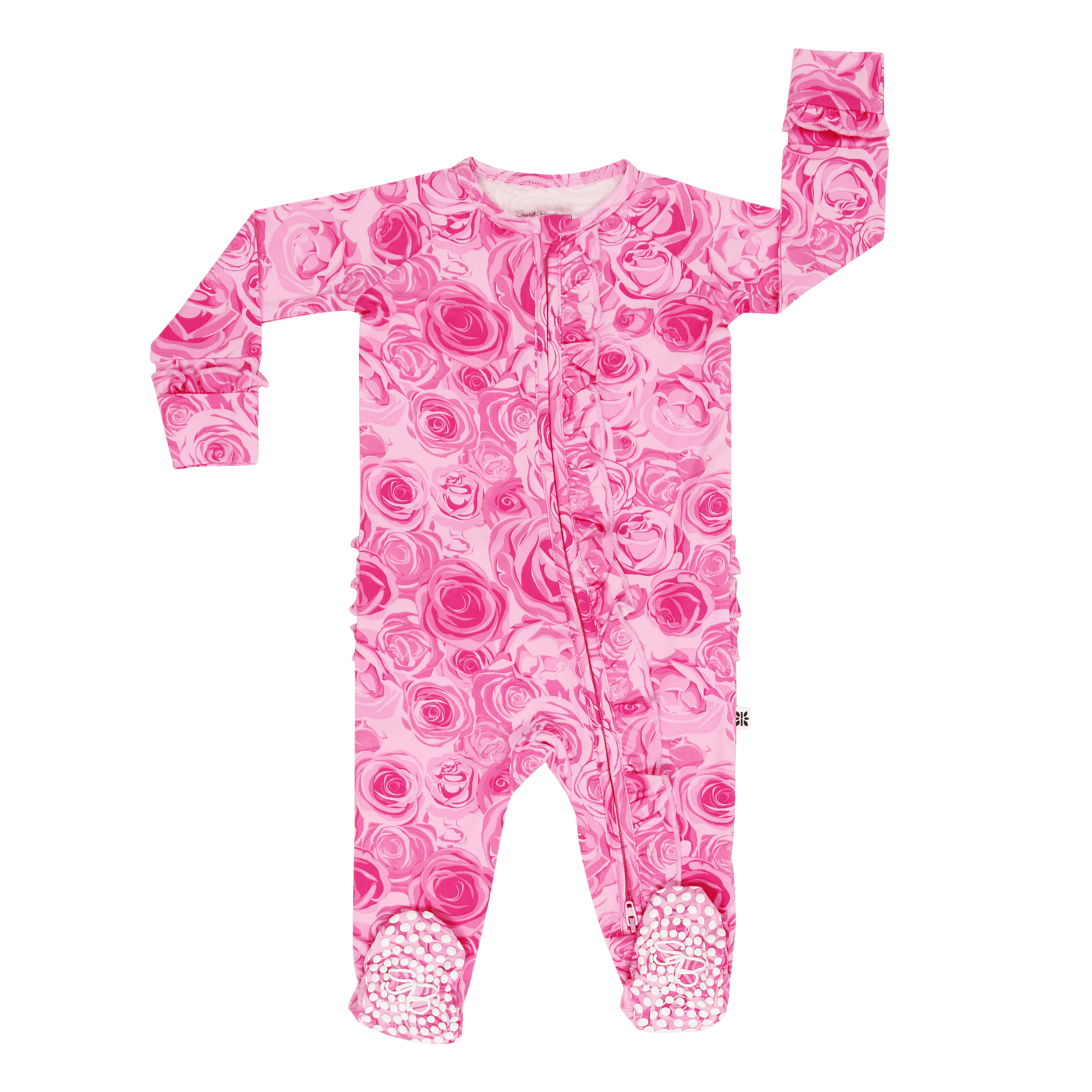 Pink rose-print baby footie romper with long sleeves, ruffled neckline, and feet