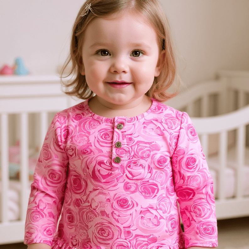 Girls pink rose-print ruffle gown, long sleeves, button front, gathered neckline