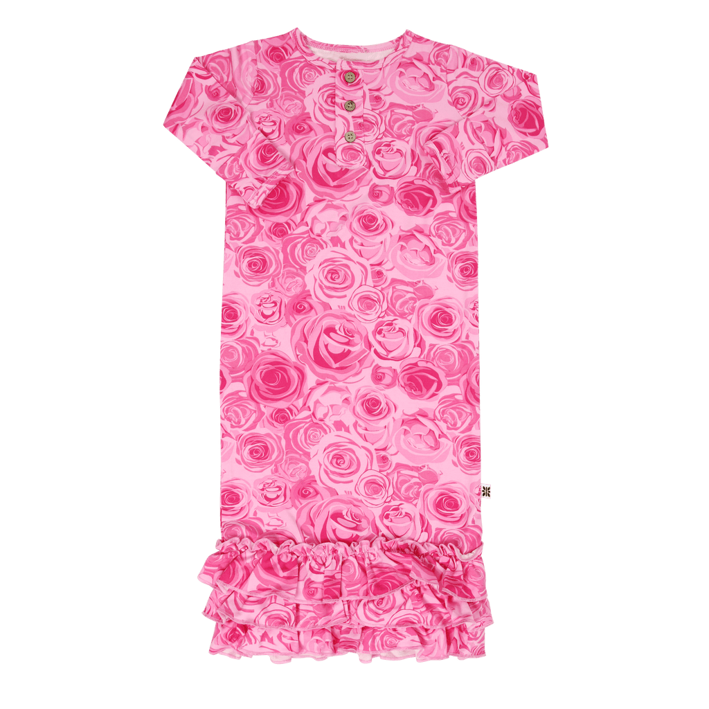Rose-print ruffle gown with short sleeves and tiered ruffle hem