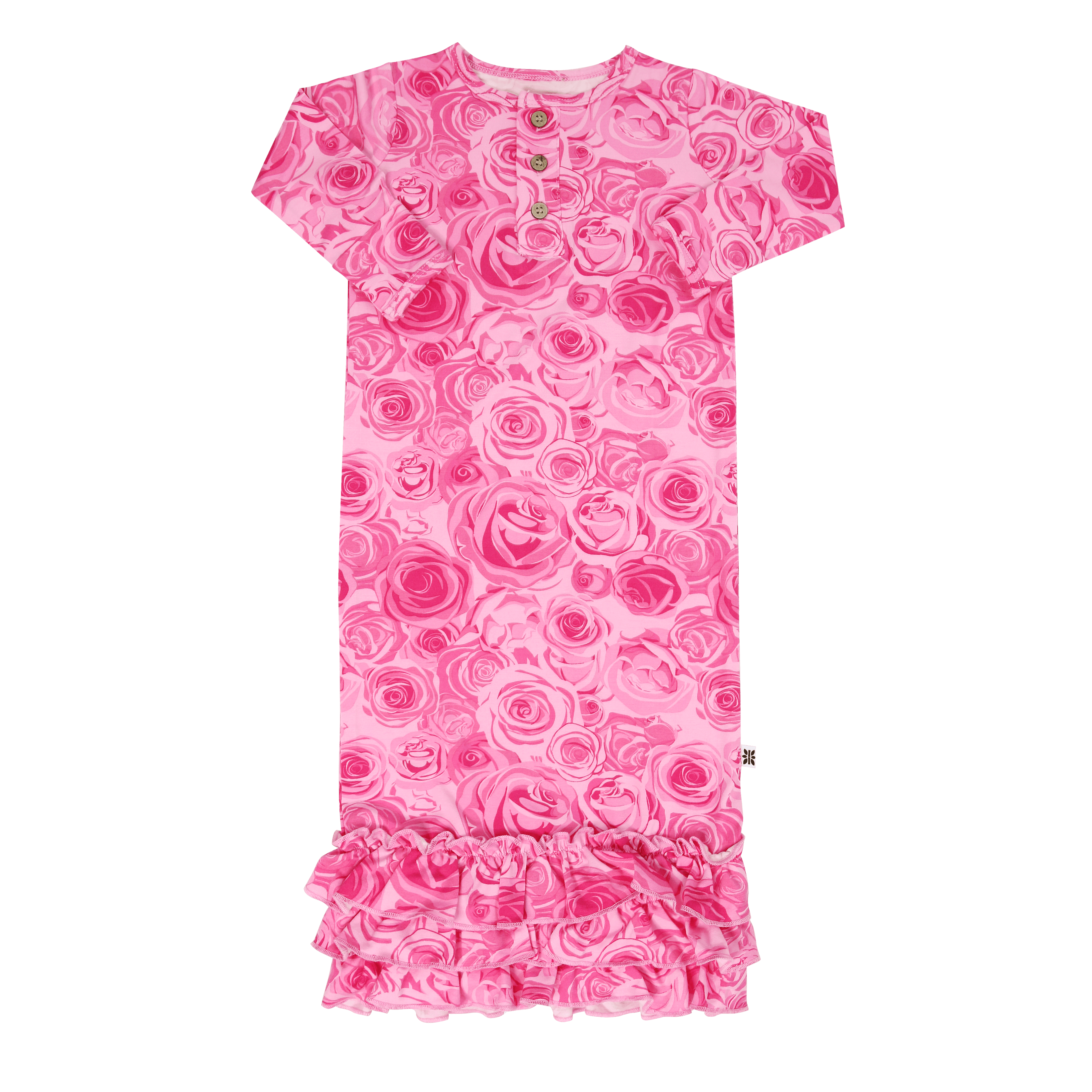 Rose-print ruffle gown with short sleeves and tiered ruffle hem