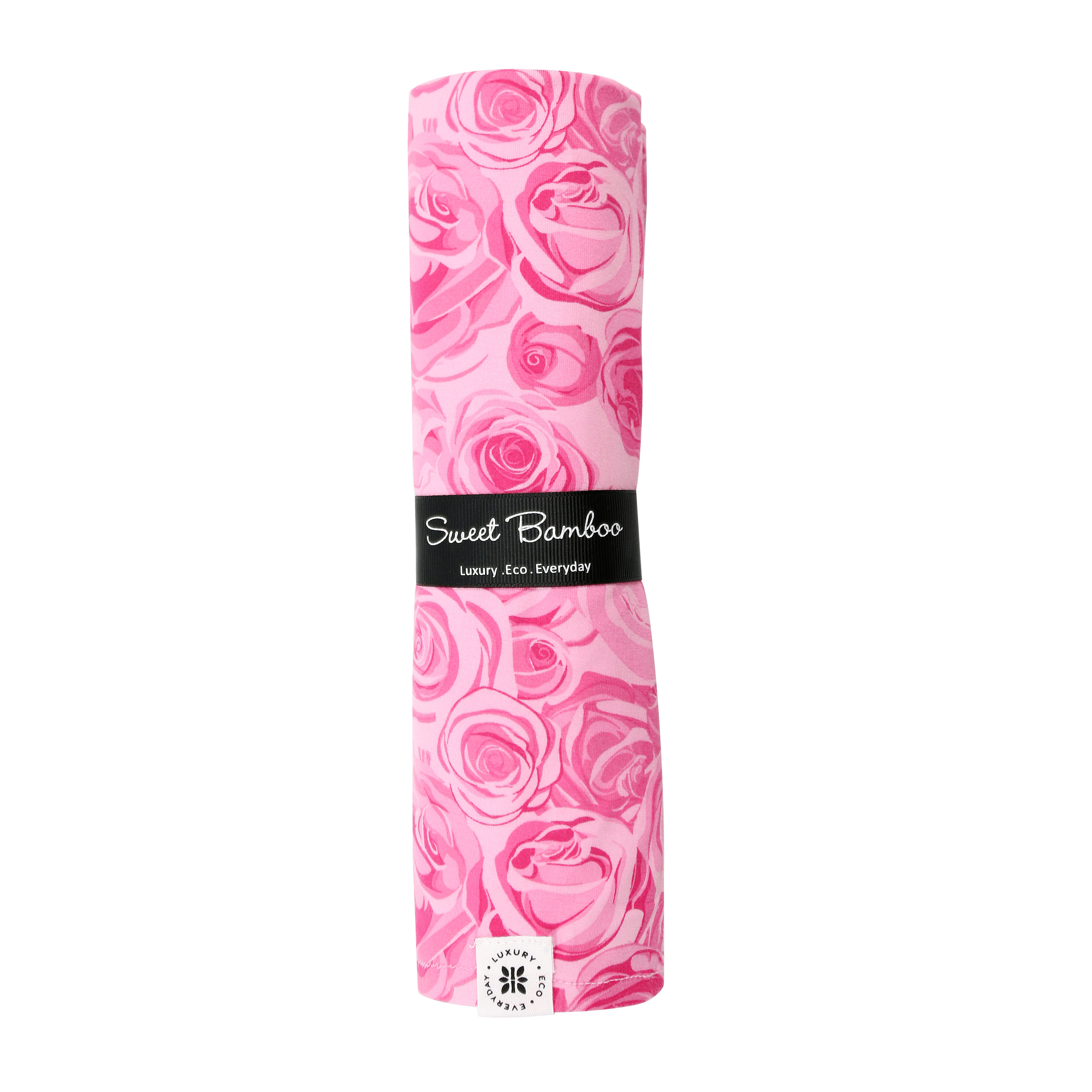 Sweet Bamboo pink rose swaddle blanket, slim packaged wrap with label