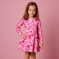 Girls pink rose-print long-sleeve skater dress with round neck