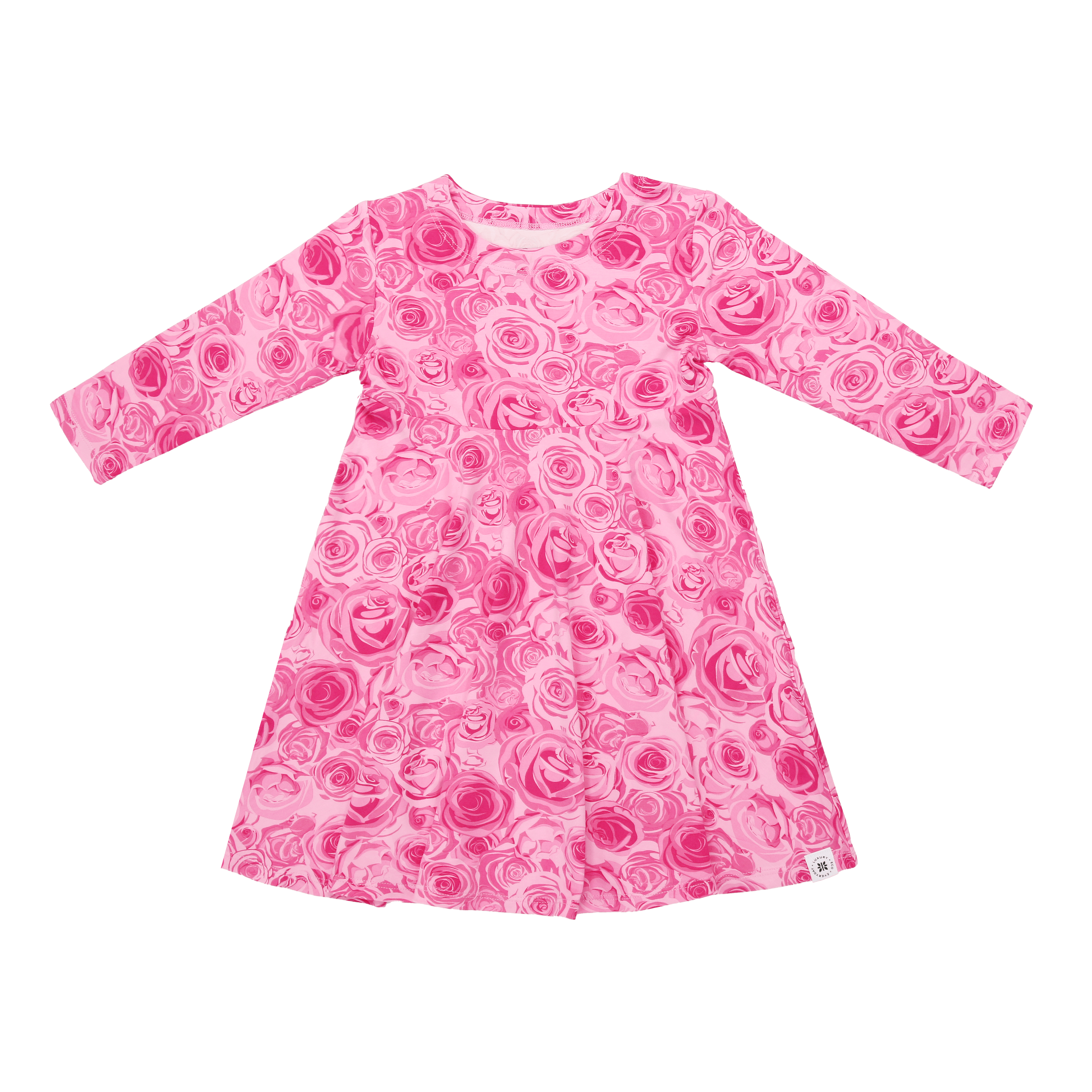 Girls pink rose-print long-sleeve swing dress with crew neck
