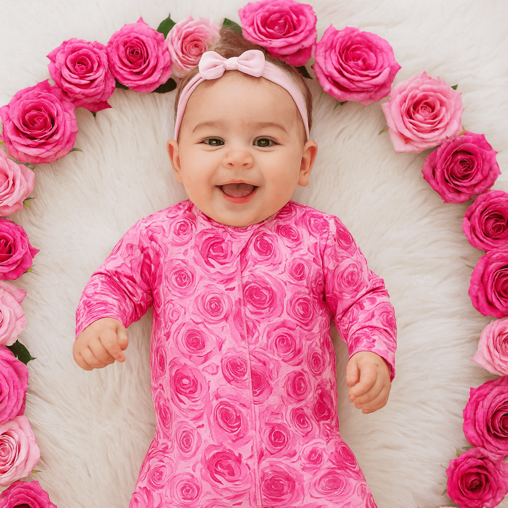 Pink rose-print footie romper with long sleeves and footed legs for baby girl