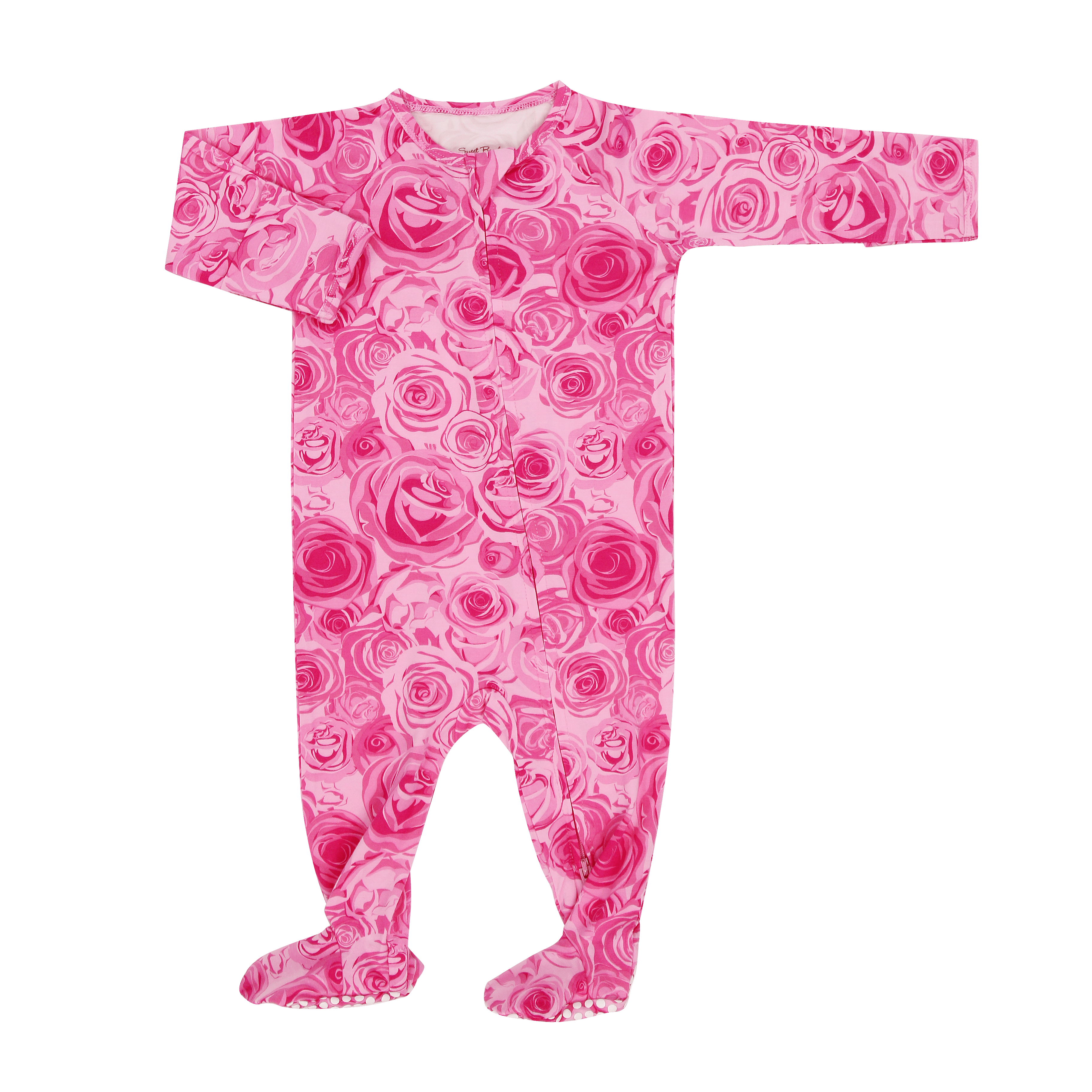 Pink rose-print long-sleeve footed romper, baby girl