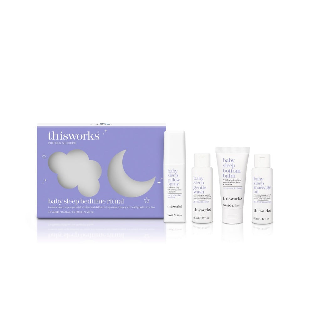 Baby sleep ritual gift set with four skincare bottles beside the purple box